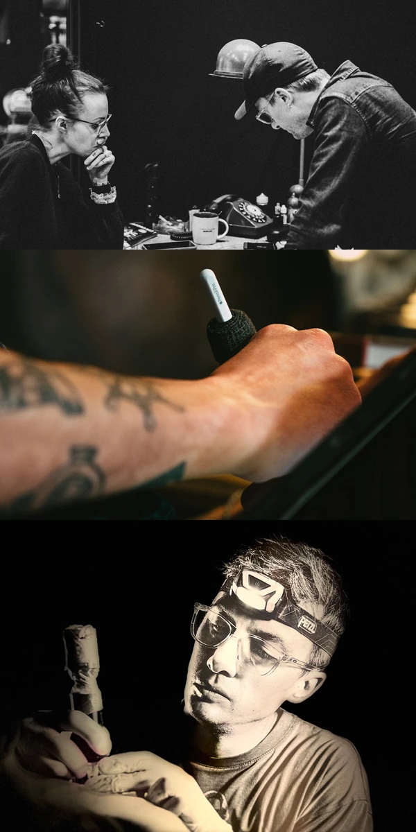 3 photos montrant Chellovnik en train de tatouer le dos d'un homme